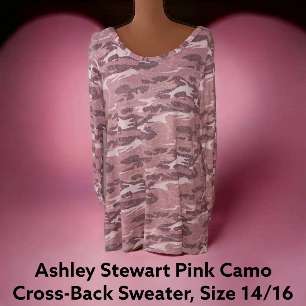 2/$35 Ashley Stewart Pink Camo Cross-Back Long Sleeve Sweater w/Splits, 14/16